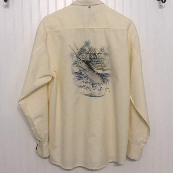 Guy Harvey Pale Yellow Mens Button Down SHIRT Cotton Blnd TabLong Slv EUC - Picture 4 of 6